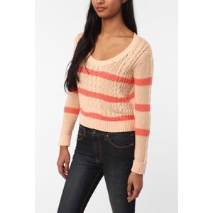 Pink/Coral striped lightweight cable knit sweater